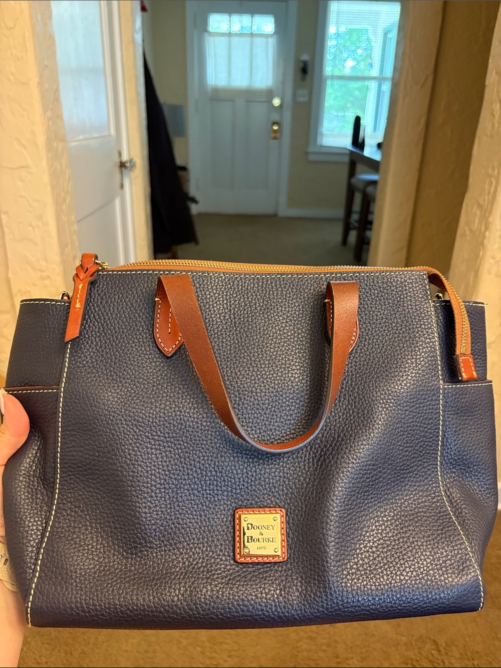 Dooney & Bourke Navy Pebble Leather Tote with Brown Trim and Adjustable Strap - Picture 2 of 6